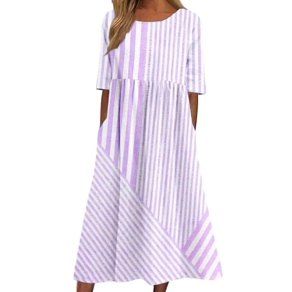 Laipiong Summer Dresses for Women 2026 Casual Fashion Striped Print Short Sleeve Maxi Dress Lightweight Comfy Loose Fit Beach Clothes