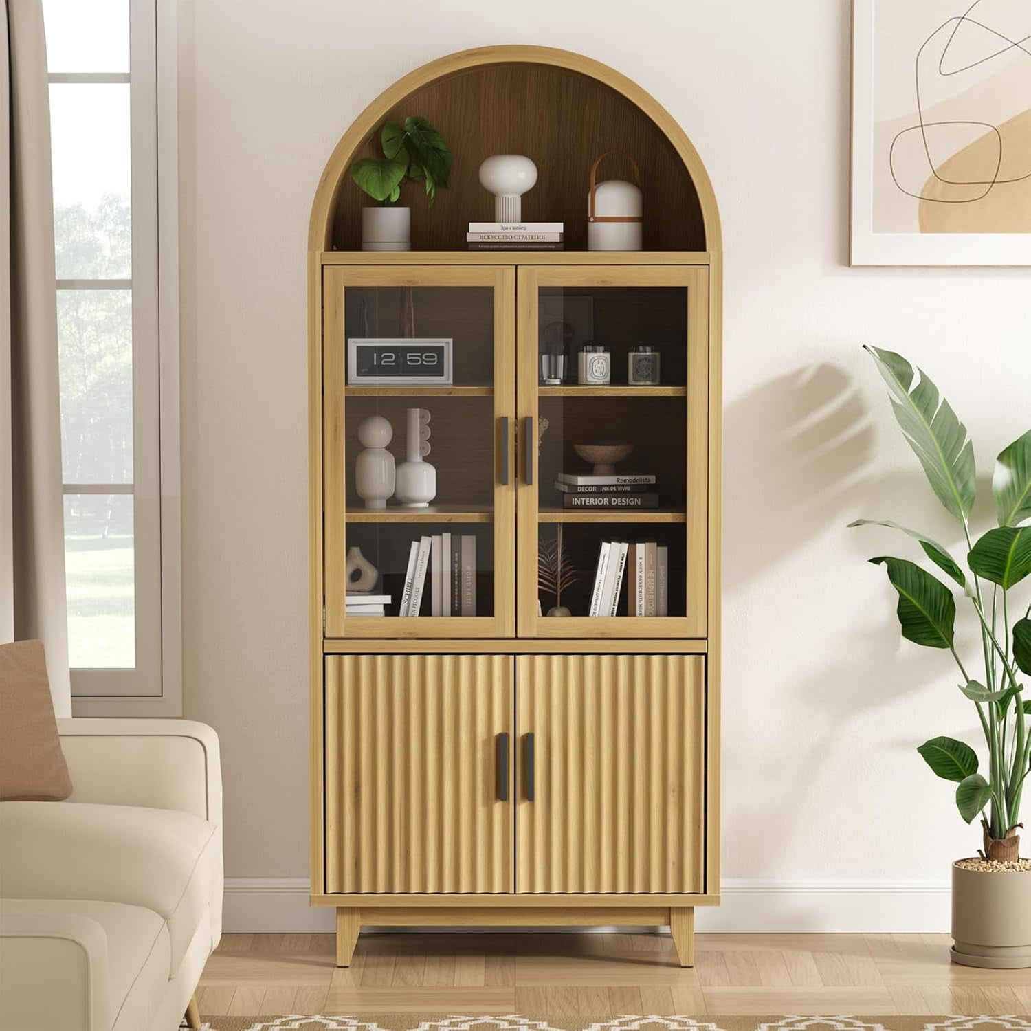 Vabches Arched Kitchen Pantry Storage Cabinet, 71" Tall Fluted Cabinet with 2 Glass Doors, 2 Doors for Kitchen, Living Room, Bedroom