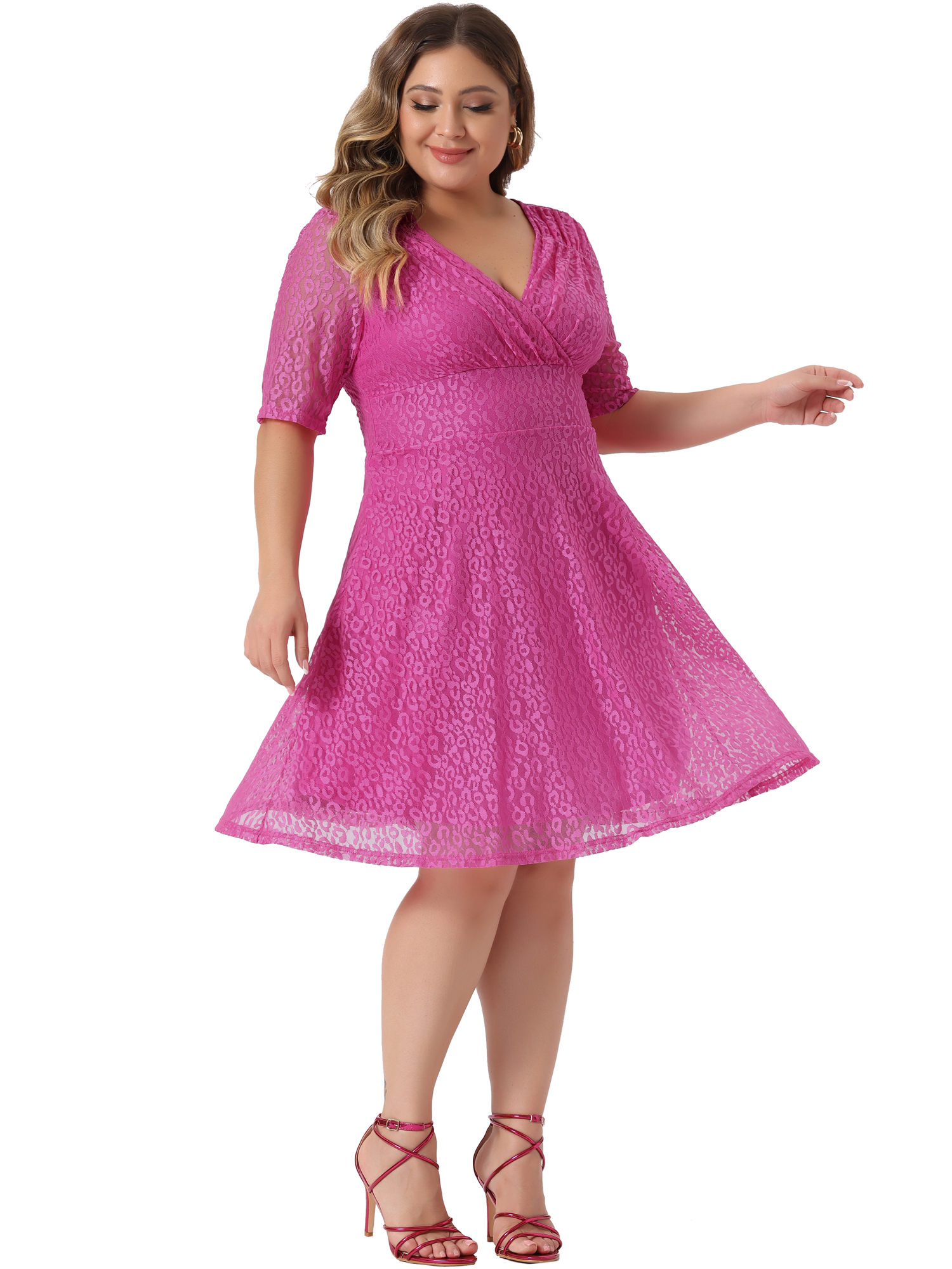 DARING DIVA V Neck Swing A-Line Cocktail Wedding Midi Lace Dress 3X Hot Pink