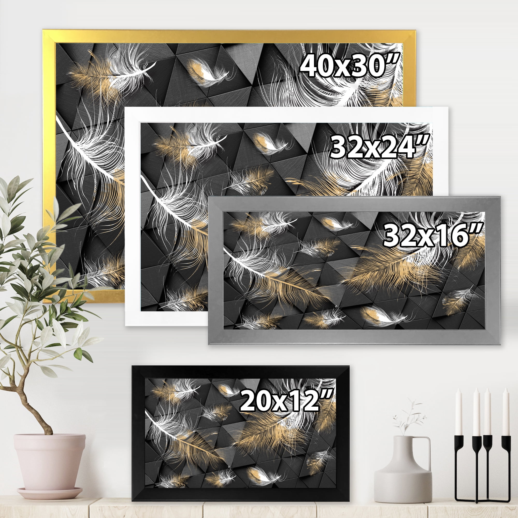 Designart 'Gold and White Feathers On Triangular' Modern Framed Art Print