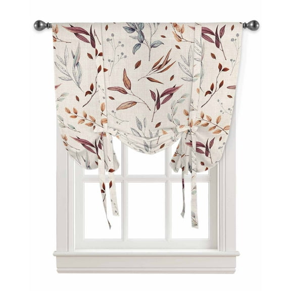 Fall Botanical Tie Up Curtains for Kitchen Bathroom Bedroom Windows 45 Inch Length, Blue Orange Maple Leaf Thanksgiving Rustic Balloon Drape Curtains Shade Rod Pocket Drapery Curtain Panel, 42"x45"