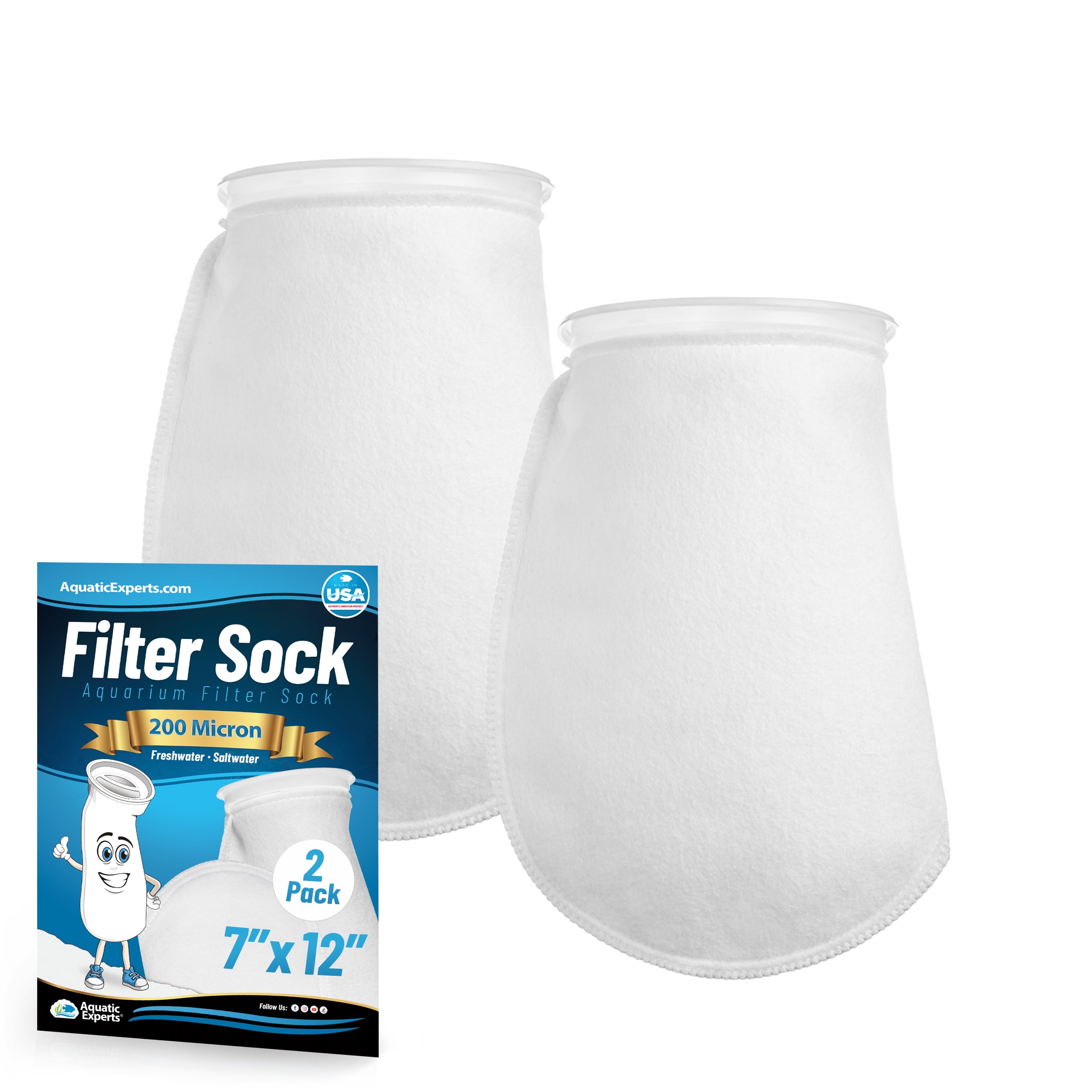 2-Pack Felt Filter Socks - 7" Ring X 18" Long, 25 Micron, For Aquarium Sump, Pond, & Industrial Use