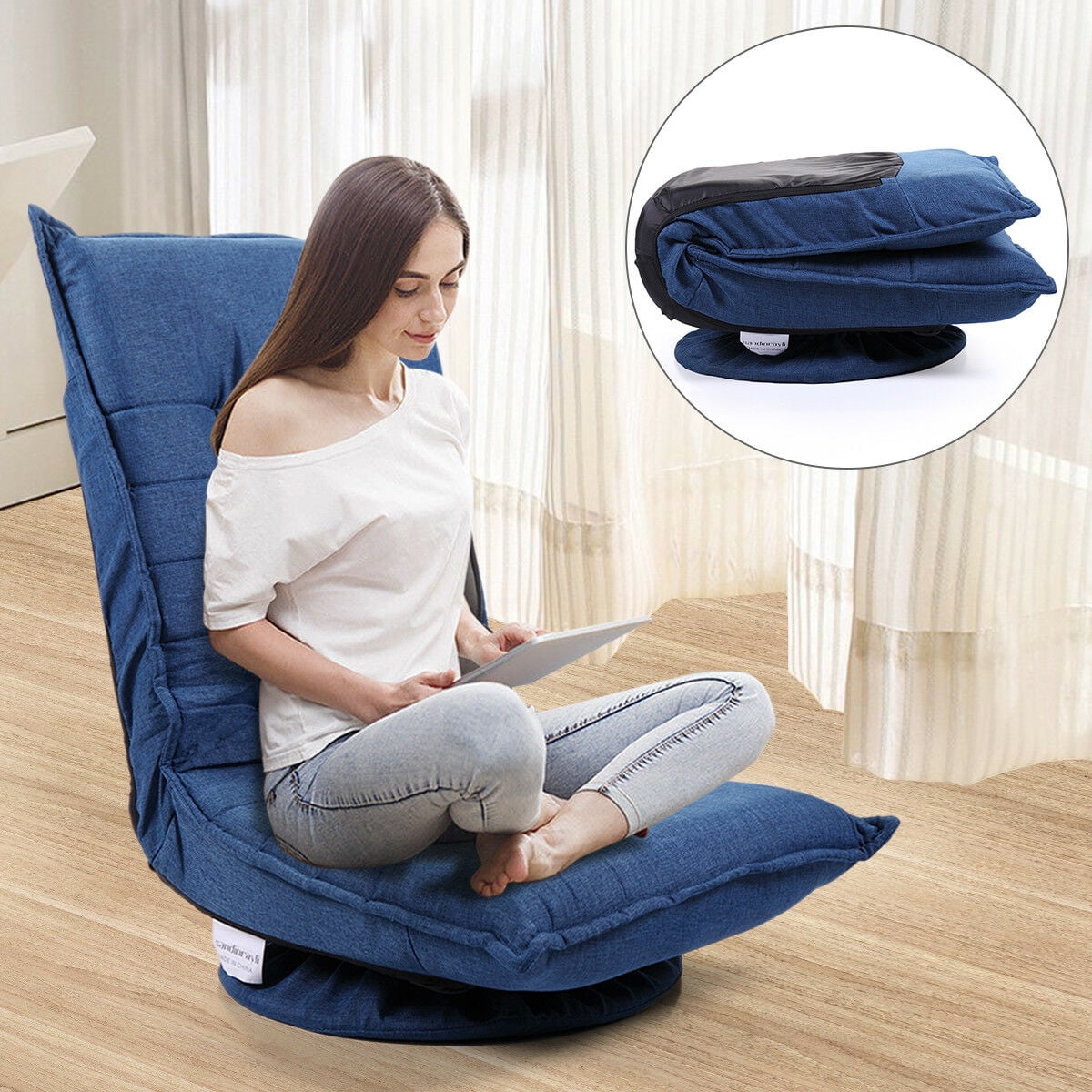 Sun lounger Blue Adjustable Floor Chair Foldable Lazy Recliner Bed 