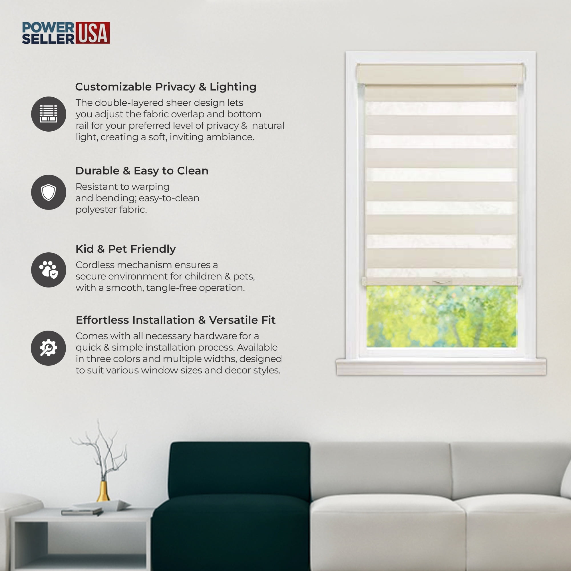 PowerSellerUSA Cordless Zebra Blinds Roller Shade, Celestial Sheer Double Layered Window Shade Privacy Light Control, Day and Night Window Drapes, 43" x 72", Linen