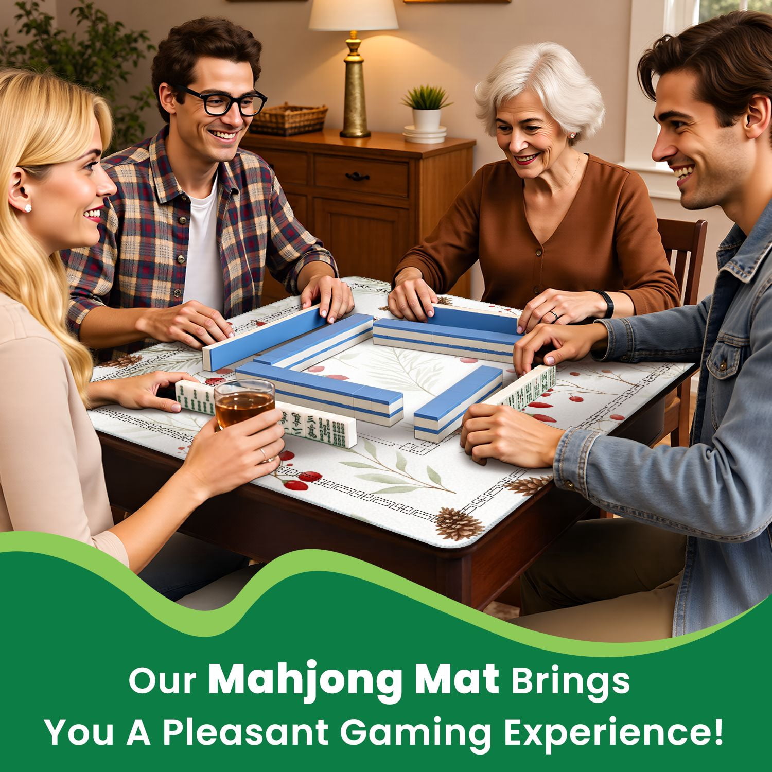 Mahjong Mat 31.5" x 31.5" Christmas seamless red berries green fir twigs cones white Non-Slip Noise Reduction American Mahjong Tiles Table Cover for Dominoes Poker Card Board Games Gift