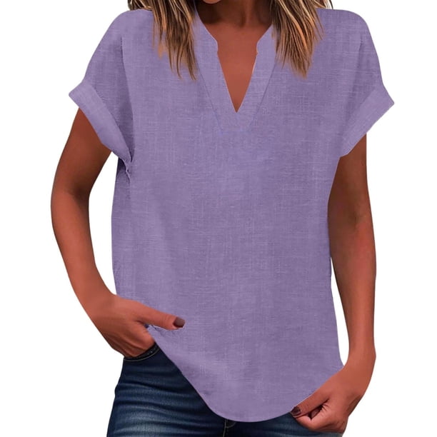 Vestidos Casuales Para Mujer, Blusas De Mujer De Moda Suéter de mujer de color liso de imitación de lino y lino con hombros descubiertos y cuello en V de manga corta a la moda