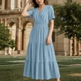 thumbnail image 4 of Vivianyo HD Women's Wrap V-Neck Tiered Midi Dress, Short Ruffle Sleeve Solid Elastic Waist Loose Casual Summer Dresses for Women Vacation, Women's Light Blue, Sizes S-2XL, 4 of 5