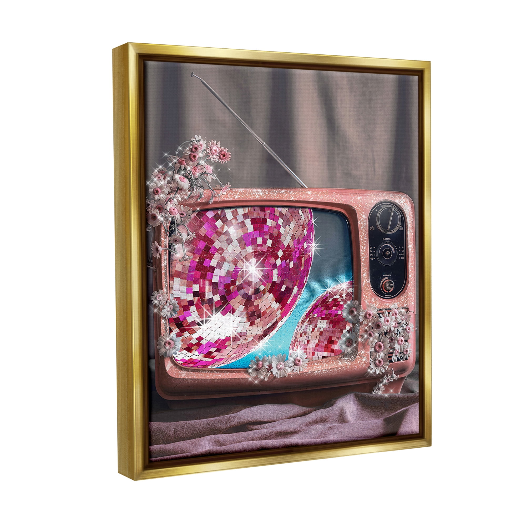 Stupell Industries Disco Vintage Television Novelty Painting Gold Floater Framed Canvas Art Print Wall Art, 17 x 21