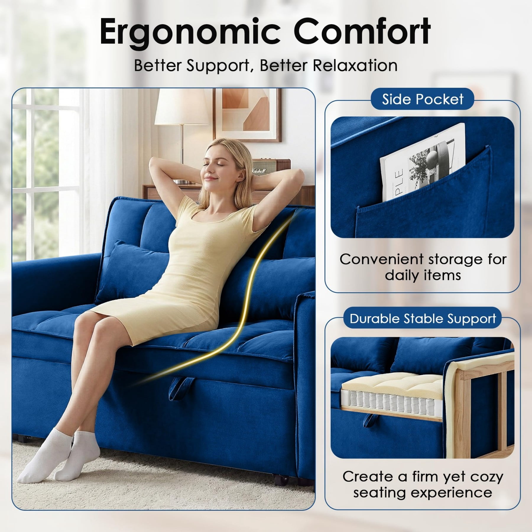54" 3 in 1 Convertible Velvet Sofa Bed, 3 Position Foldable Sleeper Couch with Adjustable Backrest & Pillows, Dark Blue