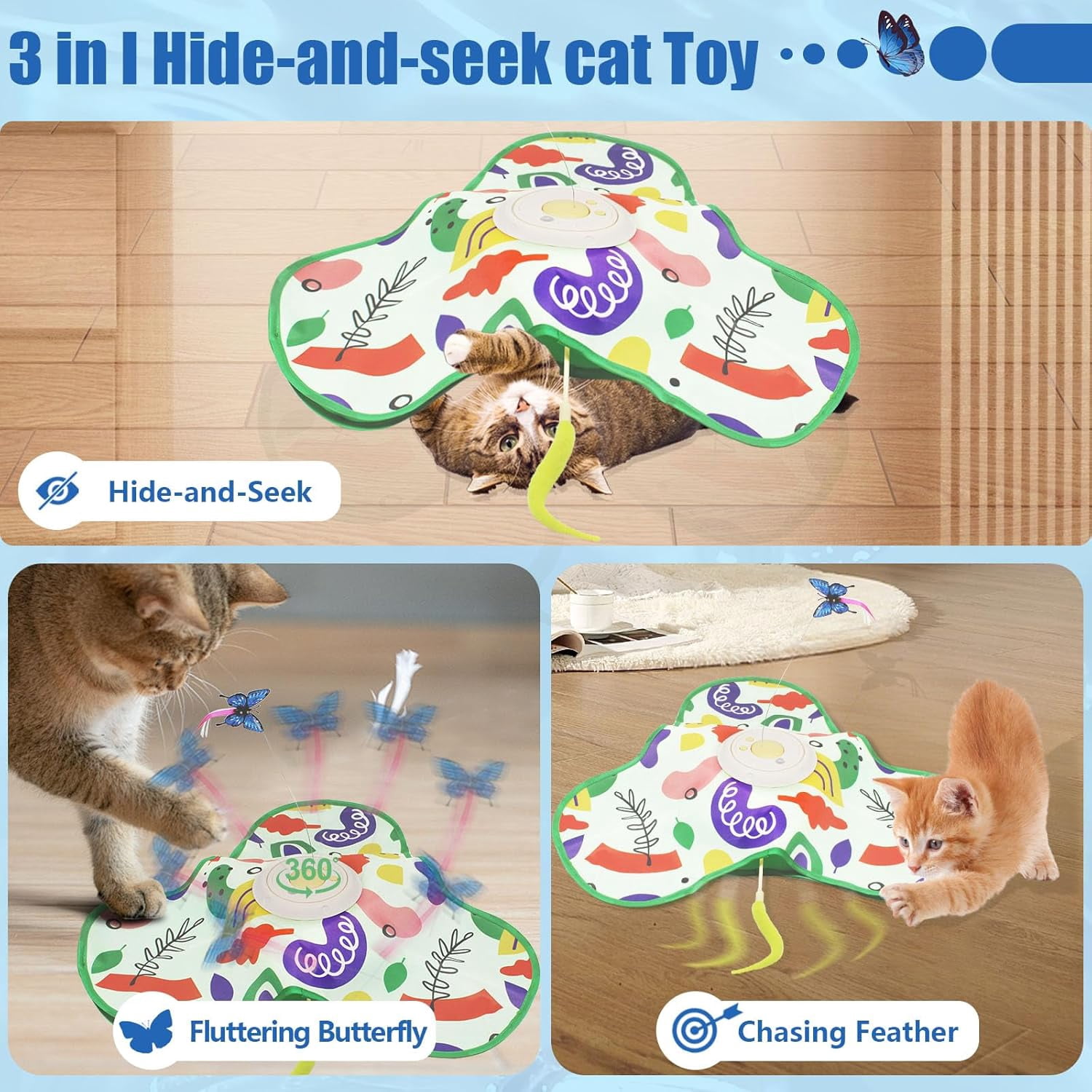 Magicorange Interactive Cat Toy for Indoor Cats, Hide and Seek Cat Toy Rechargeable, Automatic Moving Feather Toy, Non-Slip Suction Cup Base