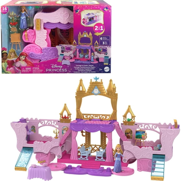 Disney Princess Carriage to Castle Transforming Playset with Aurora Small Doll, 4 Figures & 3 Levels