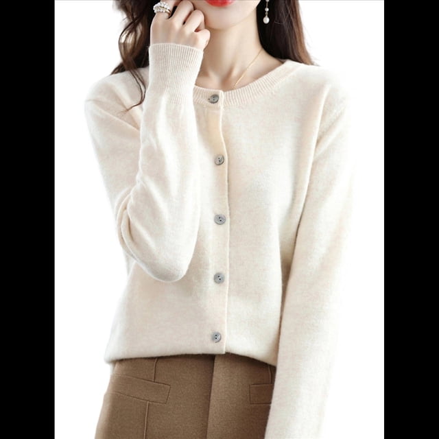Suéter de Larga con Cuello Redondo de Color Liso para Mujer, Chaqueta de Punto Combinable para y Otoño Beige L