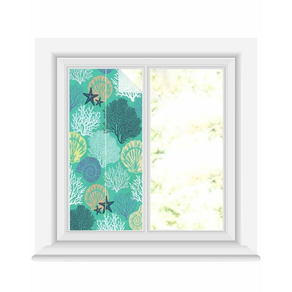 Window Privacy Film Aqua Gray Shell Coral Stained Glass Window Film Decorative Sun Block Window Cover Coastal Summer Beach Nautical Ocean Window Clings Static Sticker for Bathroom 19.6"x39.3"