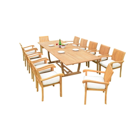 13 PC A Grade Outdoor Patio Teak Dining Set - 117" Double Extension Masc Rectangle Table & 12 Naples Stacking Arm Chairs
