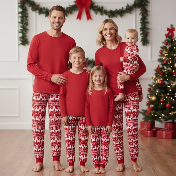 Christmas Family Pajamas Matching Set Red Long Sleeve Tops and Pants Sleepwear