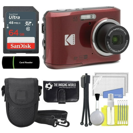 Kodak PIXPRO FZ45 16MP Digital Camera 4X Optical Zoom 27mm Wide Angle 1080P Full HD Video 2.7" LCD Camera Red + 64GB Card and Reader + Case + Memory Wallet + Tripod + Cleaning Bundle