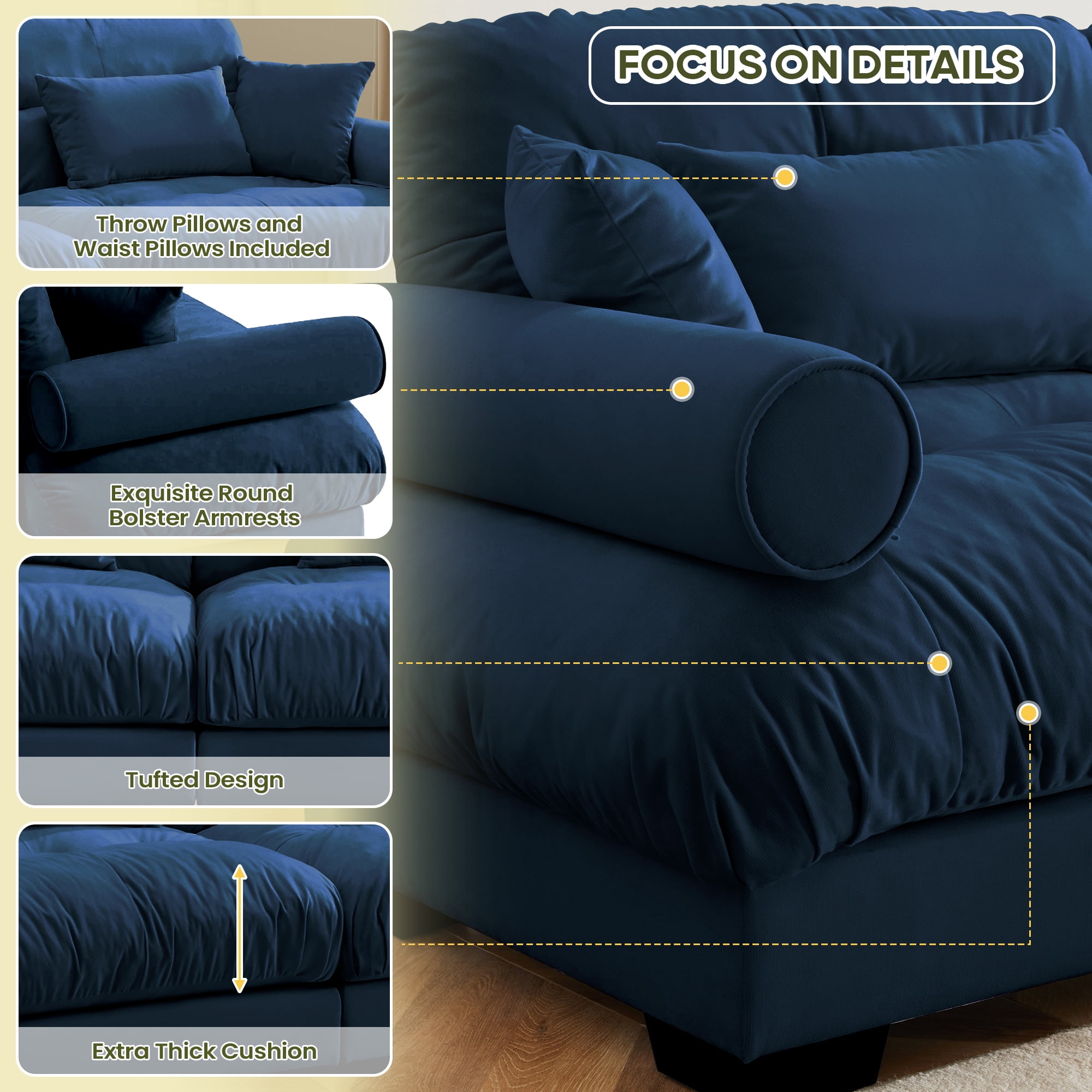 FFH 130" Modular Sectional Sofa, Oversized Modern 3 Seater Sofa Set, Tufted Cloud Couches for Living Room (Velvet Dark Blue, 3 Seater)