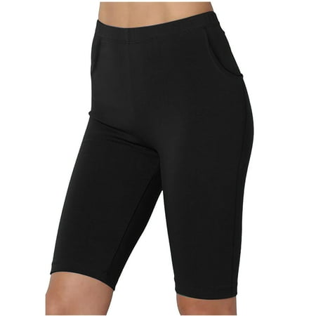 UTSJKR Elastic Waist Yoga Shorts with Pockets for Women Tummy Control Stretchy Yoga Pants Biker Long Shorts Workout Sports High Waisted Shorts Solid Stretch Light Leggings Black M