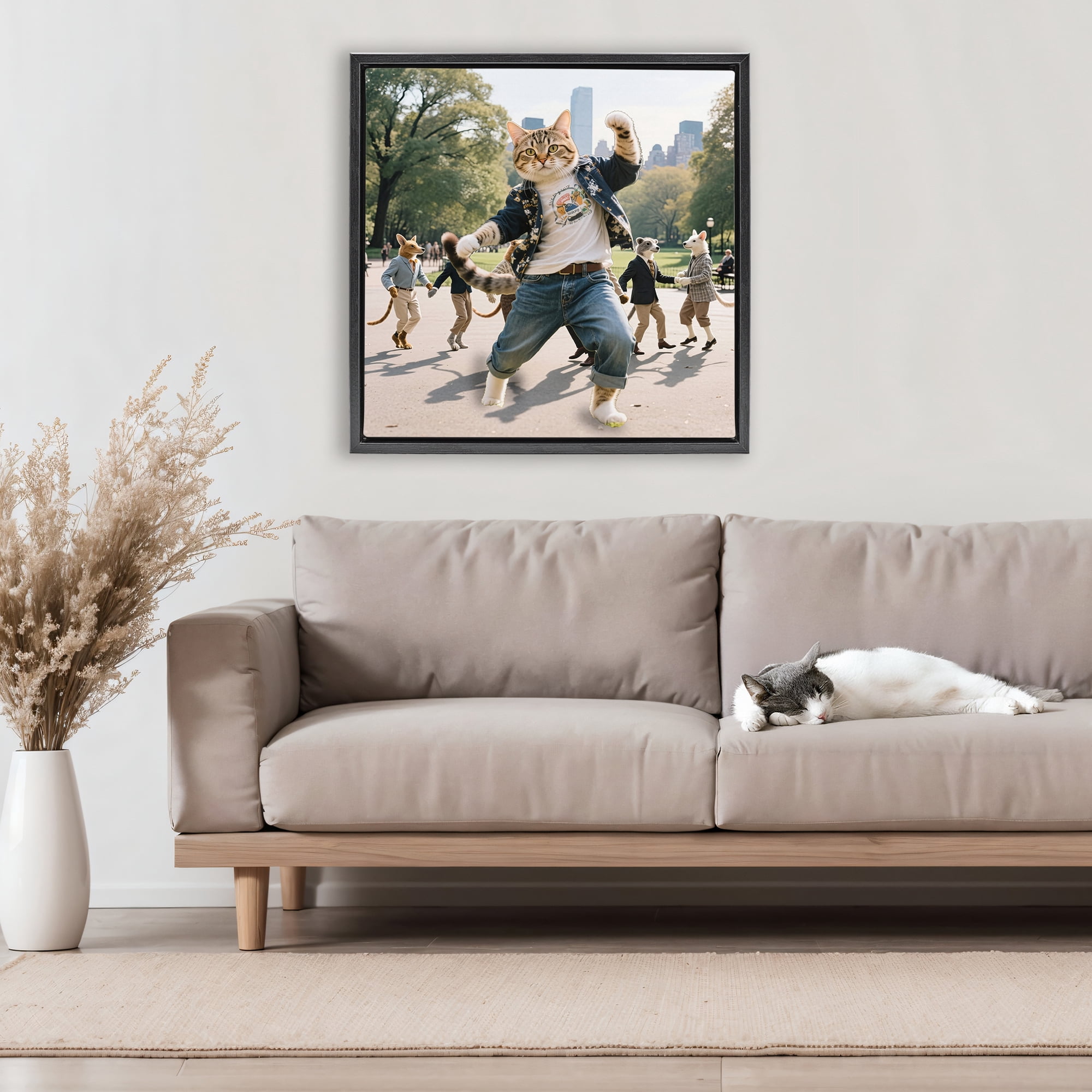 Stupell Industries Stylish Cat Dancing in Park Black Framed Floater Canvas Wall Art, design by CAD Designs