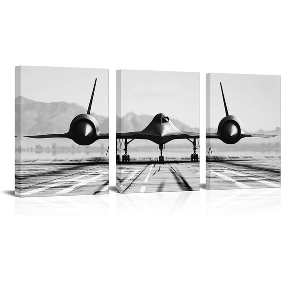 LyeArtork Black and White Airplane Wall Art Vintage Military Aircraft Picture Print on Canvas for Office Boy Room Bedroom Decoration 12x16inchx3 Panels