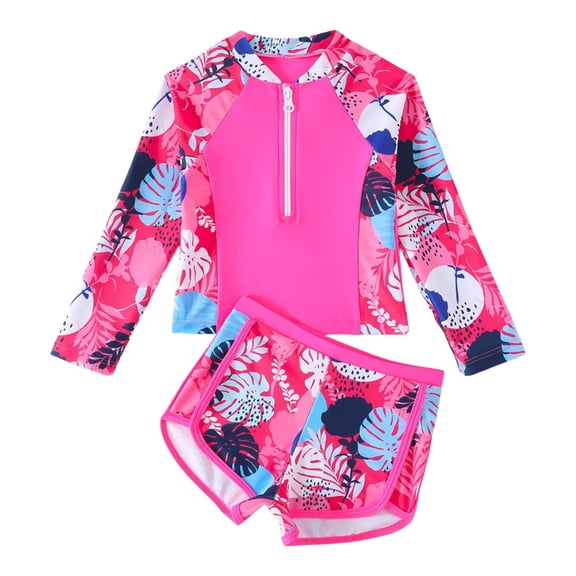 YANGXINX Girls 2 Piece Swimsuits Long Sleeve Zip Up Rash Guard and Floral Print Bikini Swimwear for Surfing Sun Bathing Suits athletic swimsuits for girl