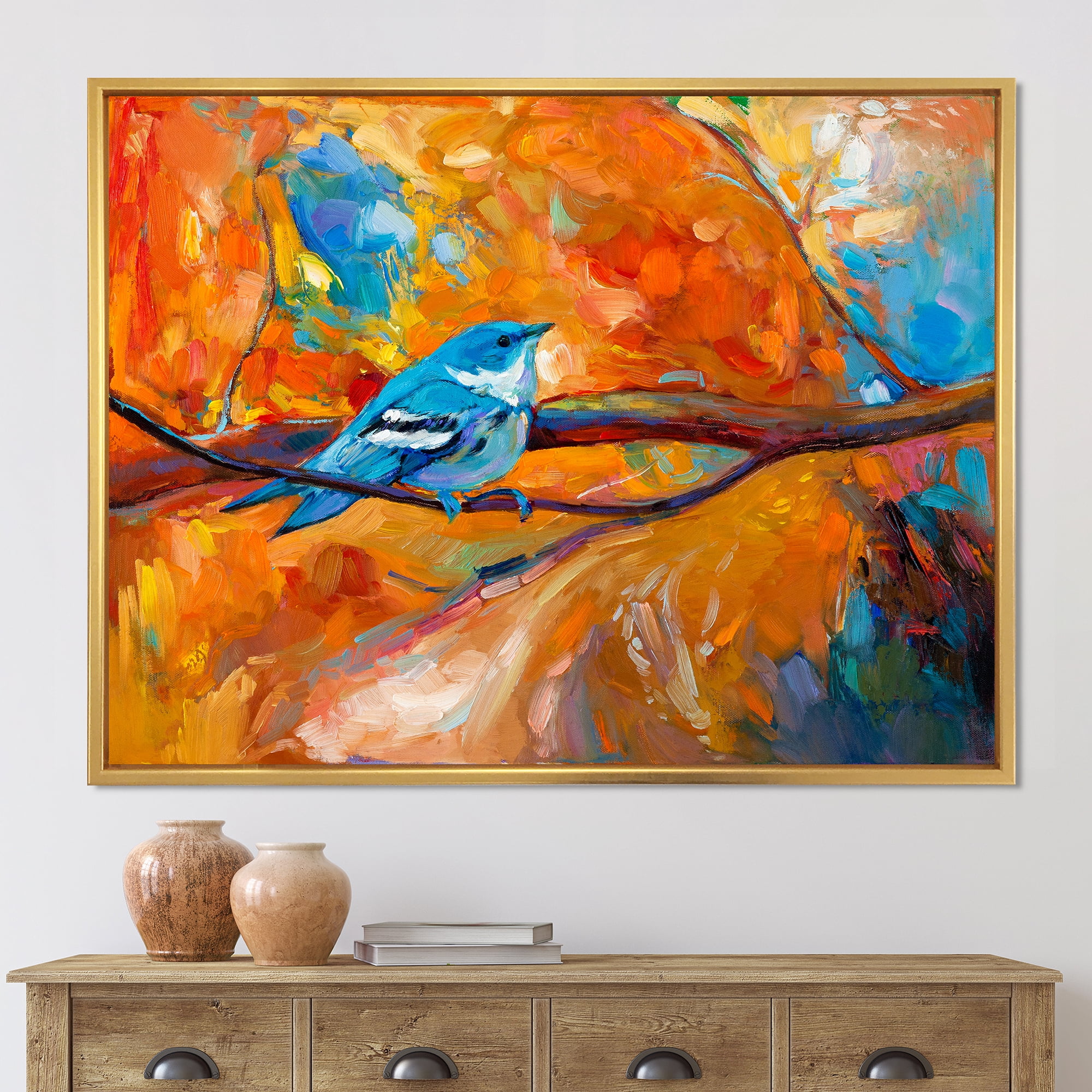Blue Cerulean Warbler Bird Sitting On A Branch 32 in x 24 in Framed Painting Canvas Art Print, by Designart