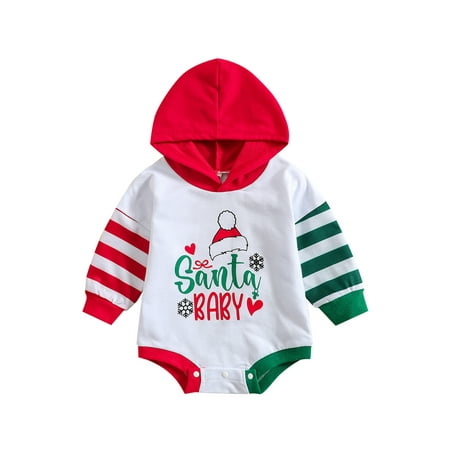 

Amuver Baby Girls Boys Christmas Hooded Romper Long Sleeve Letter/Stripe/Santa Claus Print Romper