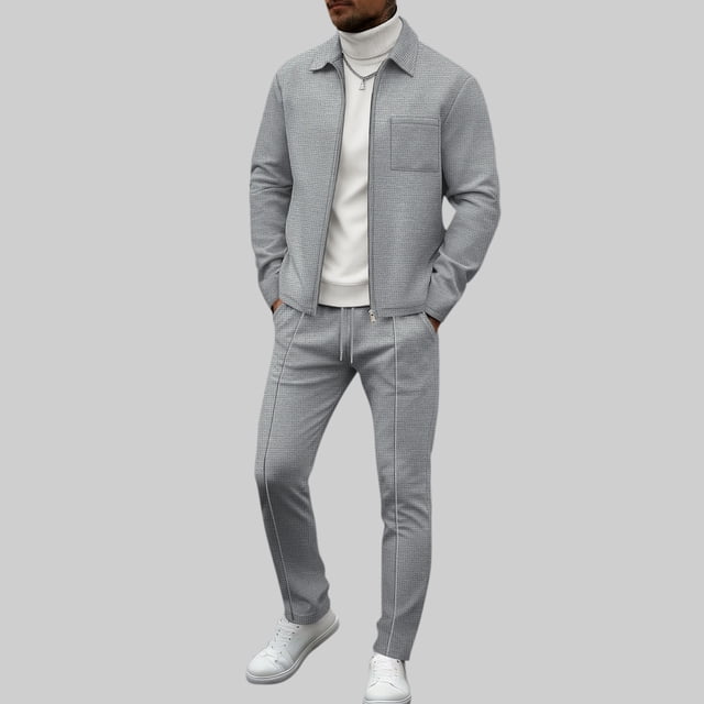 Ceisia Men's Slim Fit Waffle Knit 2-Piece Set Long Sleeve Zip-Up Jacket with Elastic Waist Drawstring Pants Gifts