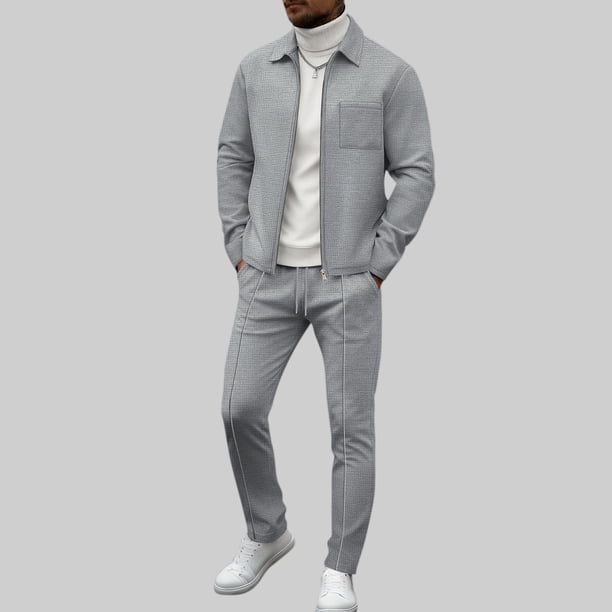 Ceisia Men's Slim Fit Waffle Knit 2-Piece Set Long Sleeve Zip-Up Jacket with Elastic Waist Drawstring Pants Gifts