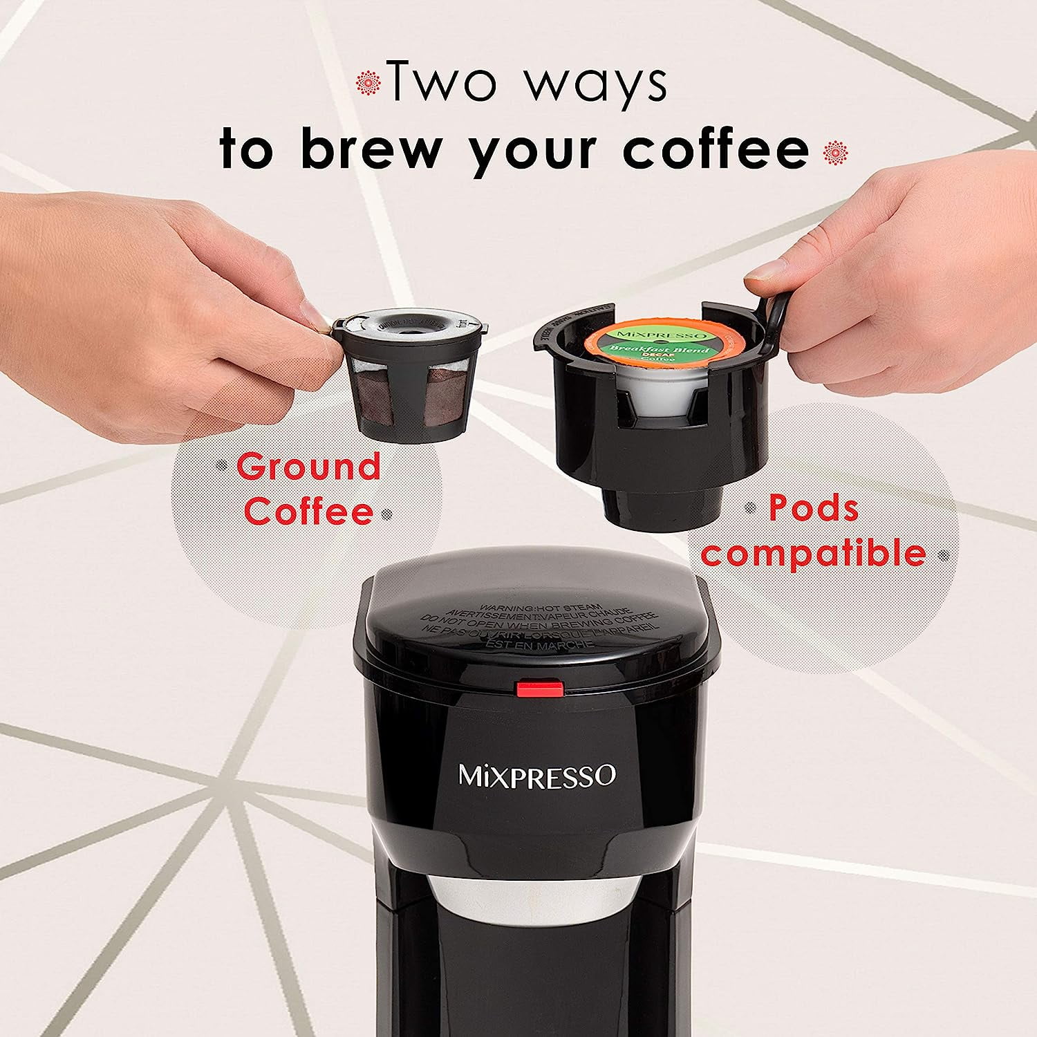 Mixpresso 2 in 1 Single Serve Coffee Machine Mini Coffee Maker Compact K Cup Compatible, Black 14 Oz