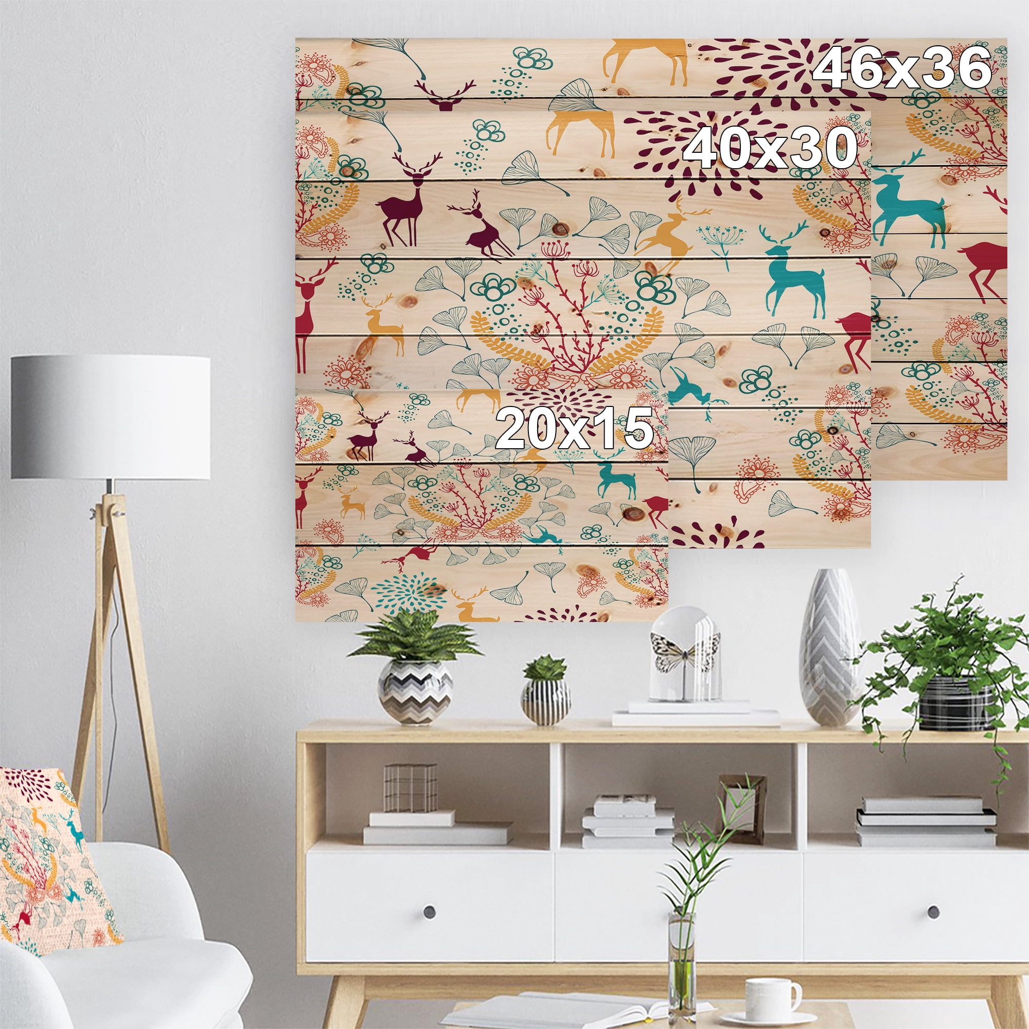 Designart 'Yellow Blue Brown Reindeer christmas pattern ' Print on Natural Pine Wood