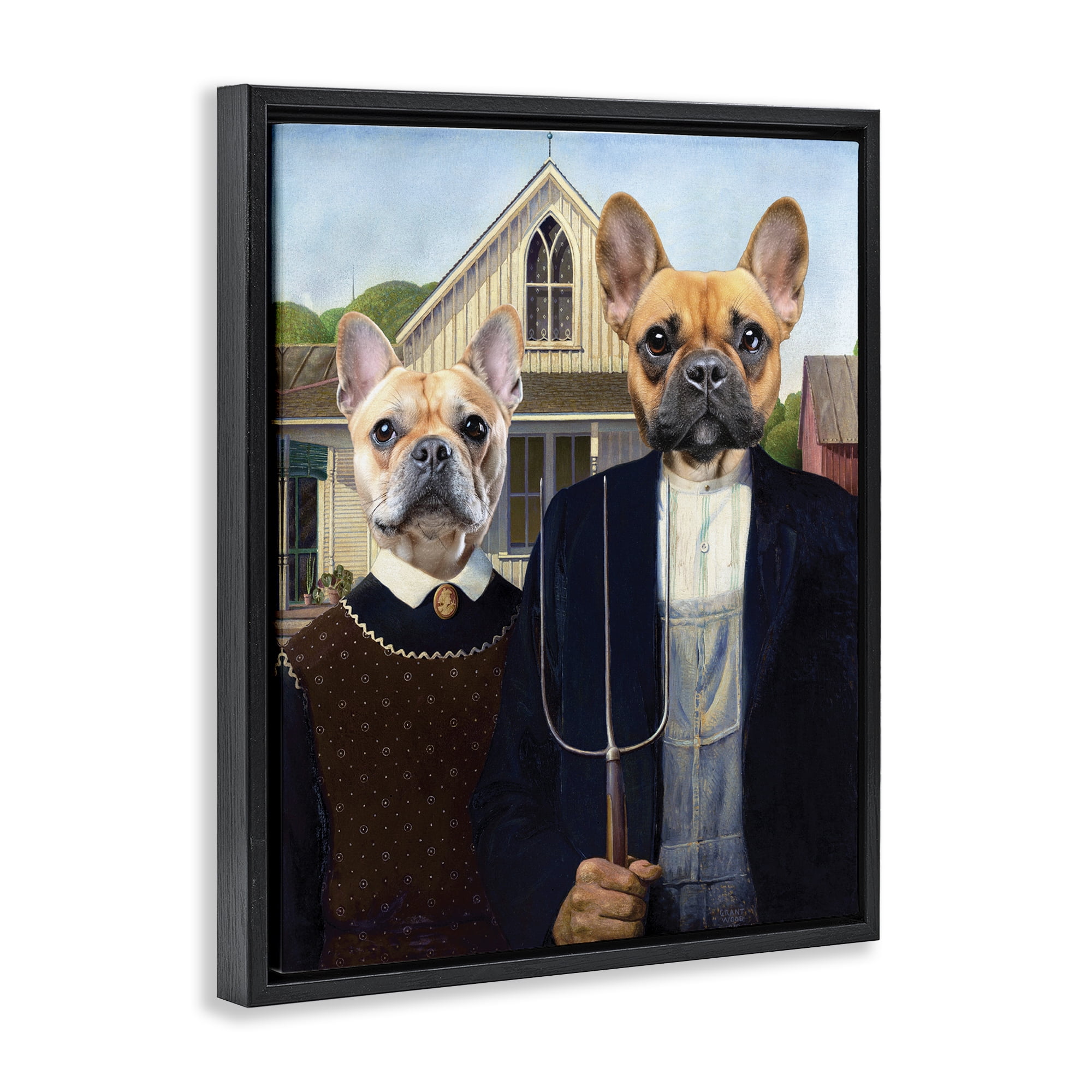 Stupell Industries French Bulldogs Iconic Farmers Black Framed Floater Canvas Wall Art, design by Grotto Studios