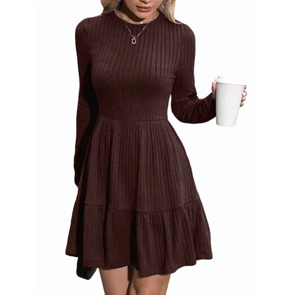 Womens Long Sleeve Fall Dresses with Flowy Casual Ribbed Knit Crew Neck Knee Length Sweater Dress Brown XL
