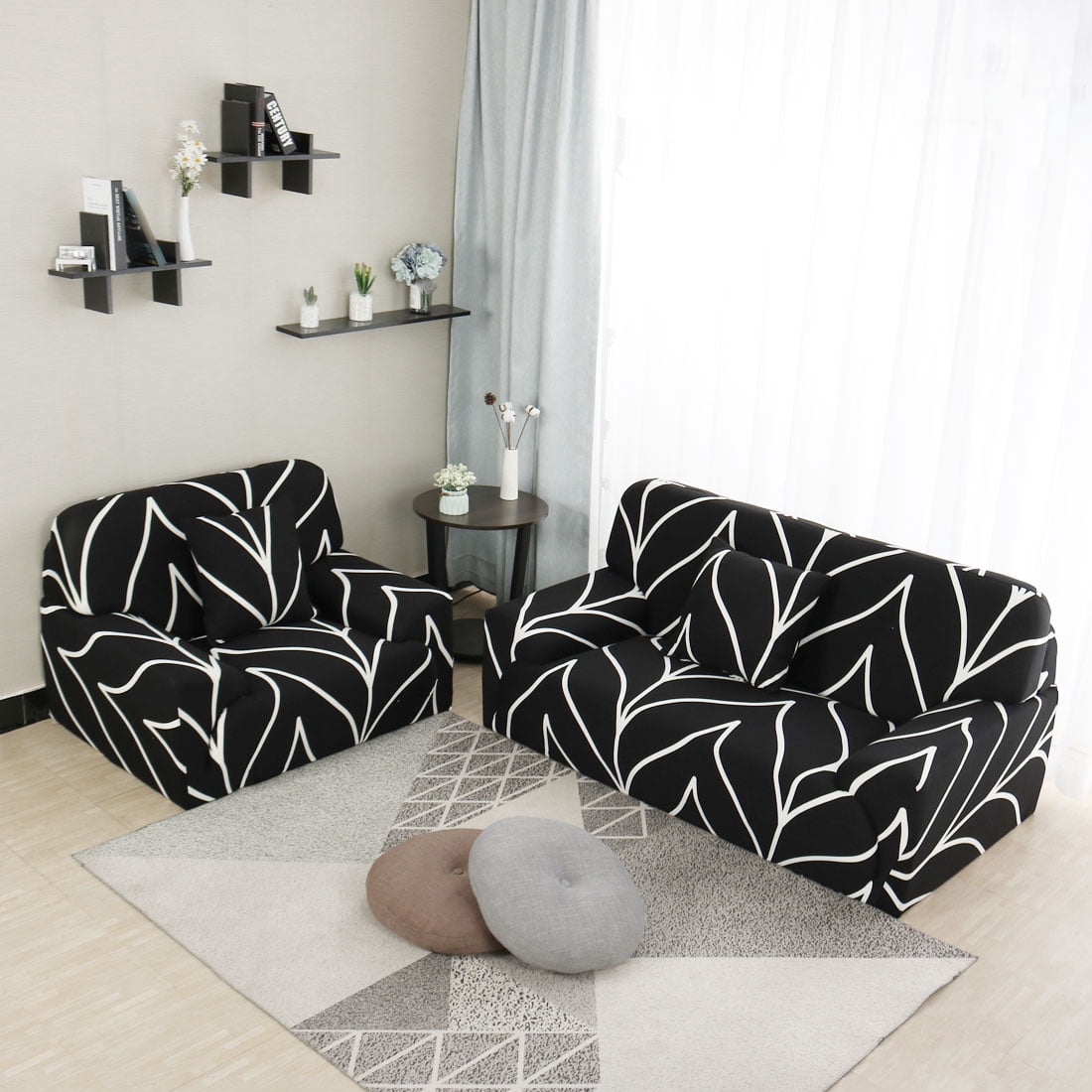 Unique Bargains 1-Piece Traditional Leaves Stretch Loveseat couch cover, Black