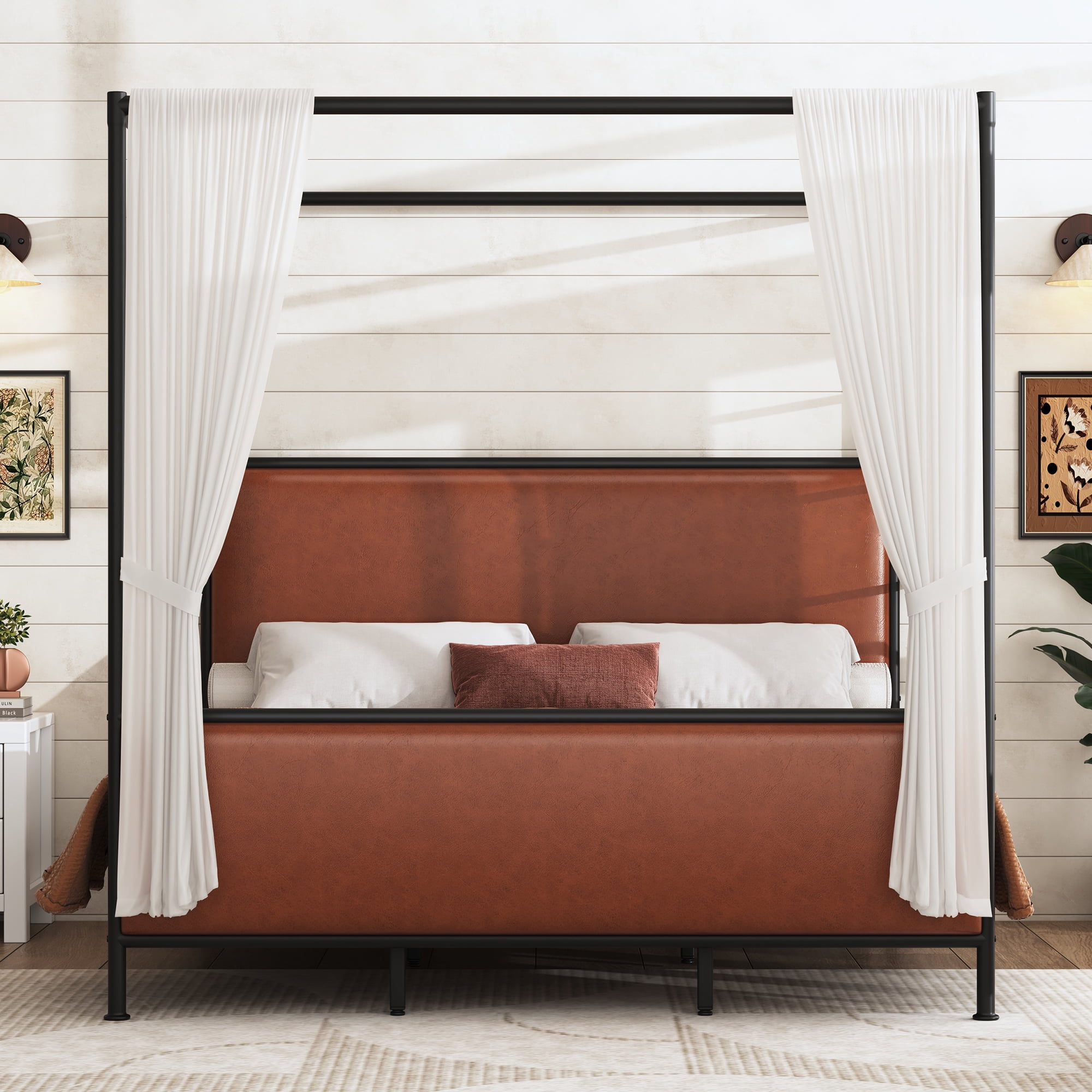 King Size Canopy Bed Frame with PU Leather Upholstered Headboard & Iron Legs, 4-Poster Bed with Wood Slats for Bedroom, Brown+Black