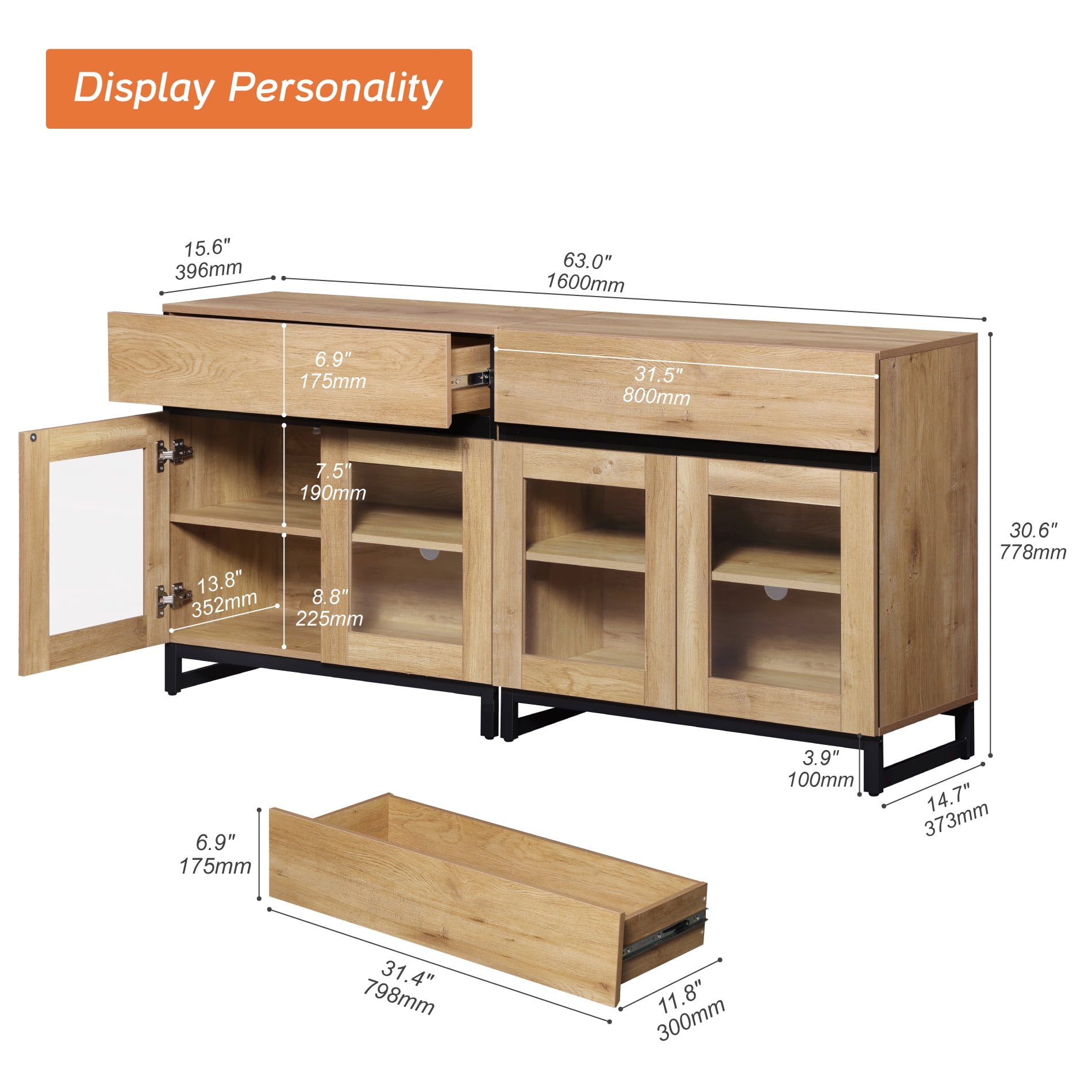 Modern Sideboard Buffet Cabinet with Glass Doors and Adjustable Shelf Coffee Bar Storage Cabinet for Living Room Kitchen,Oak