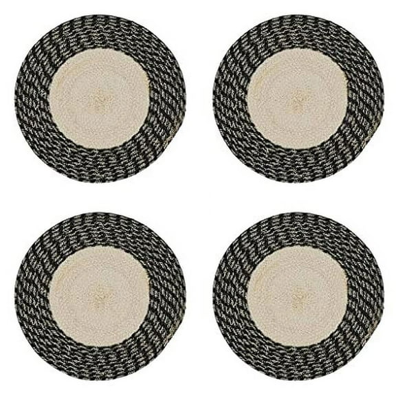 Fennco Styles Hand Braided Two-Tone Cotton Placemats 15" Round, Set of 4 - Black Woven Texture Heat Resistant Insulation Table Mats for Home Décor, Dining Table, Banquets, Holidays, Special Occasions