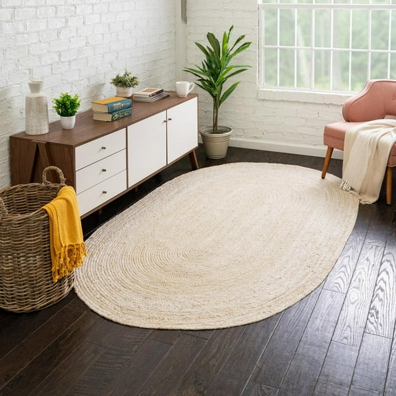 Unique Loom Braided Jute Collection Area Rug - Dhaka (8' x 10' Oval White)