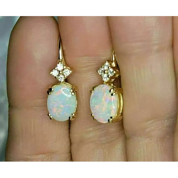 4Ct Oval Cut Fire Opal & Diamond Drop & Dangle Earrings in 14k Yellow Gold Plated