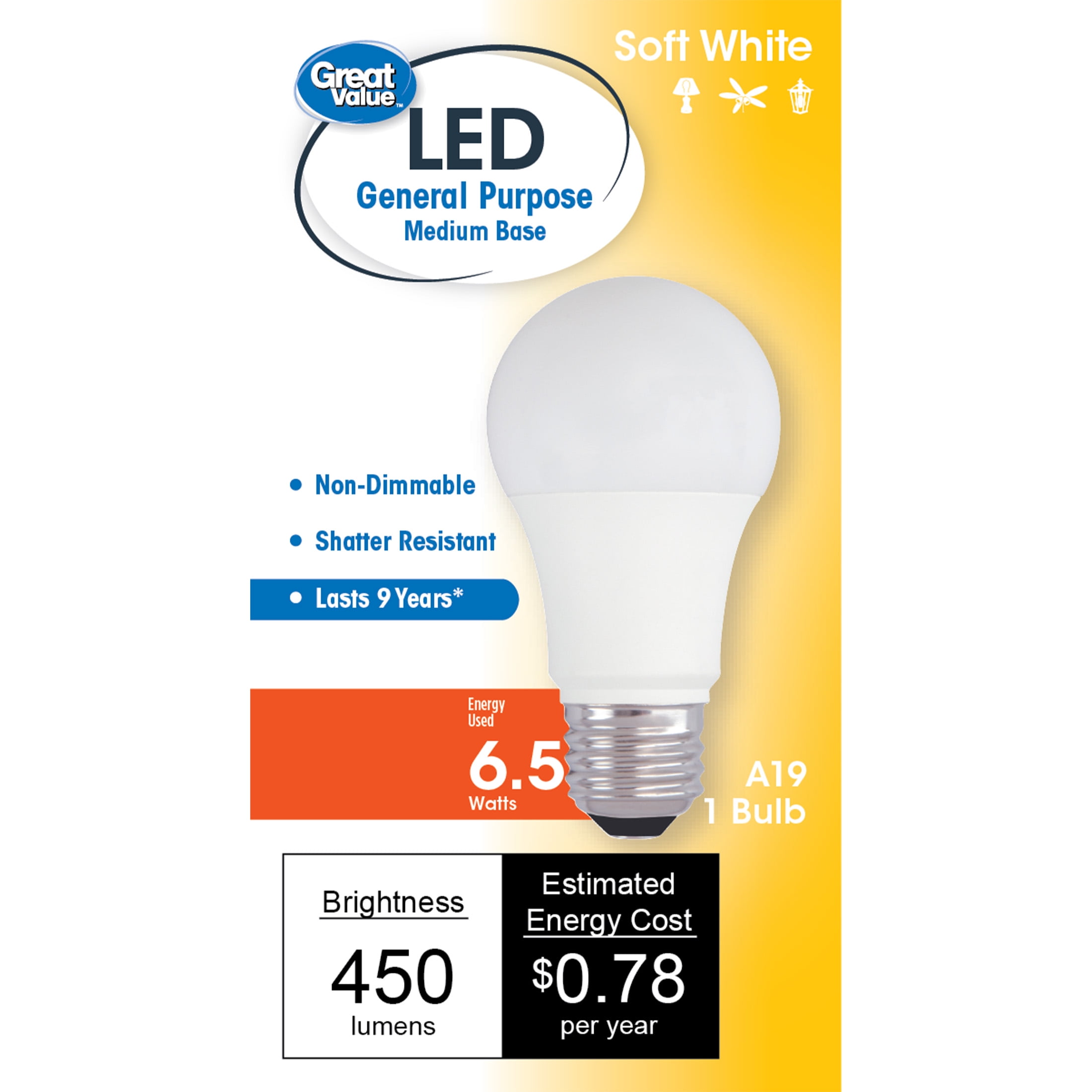 Great Value LED Light Bulb, 6.5W (40W Equivalent) A19 General Purpose Lamp E26 Medium Base, Non-dimmable, Soft White, 1-Pack