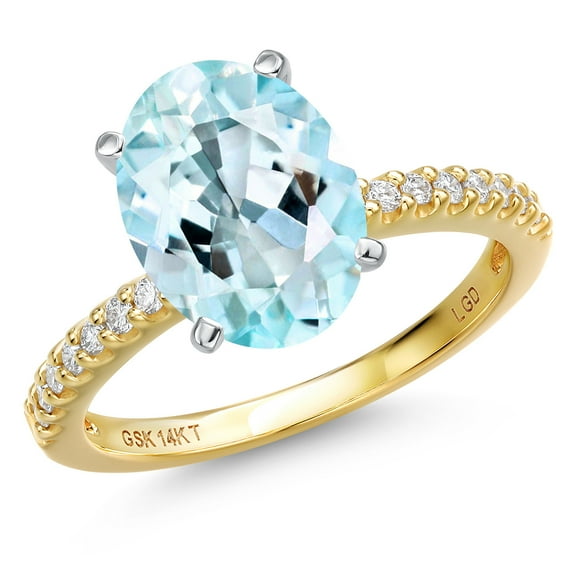 Gem Stone King 14K Two Tone Gold Sky Blue Topaz and Lab Grown Diamond Engagement Ring for Women | 4.66 Cttw | Oval 11X9MM | Gemstone November Birthstone | Size 9
