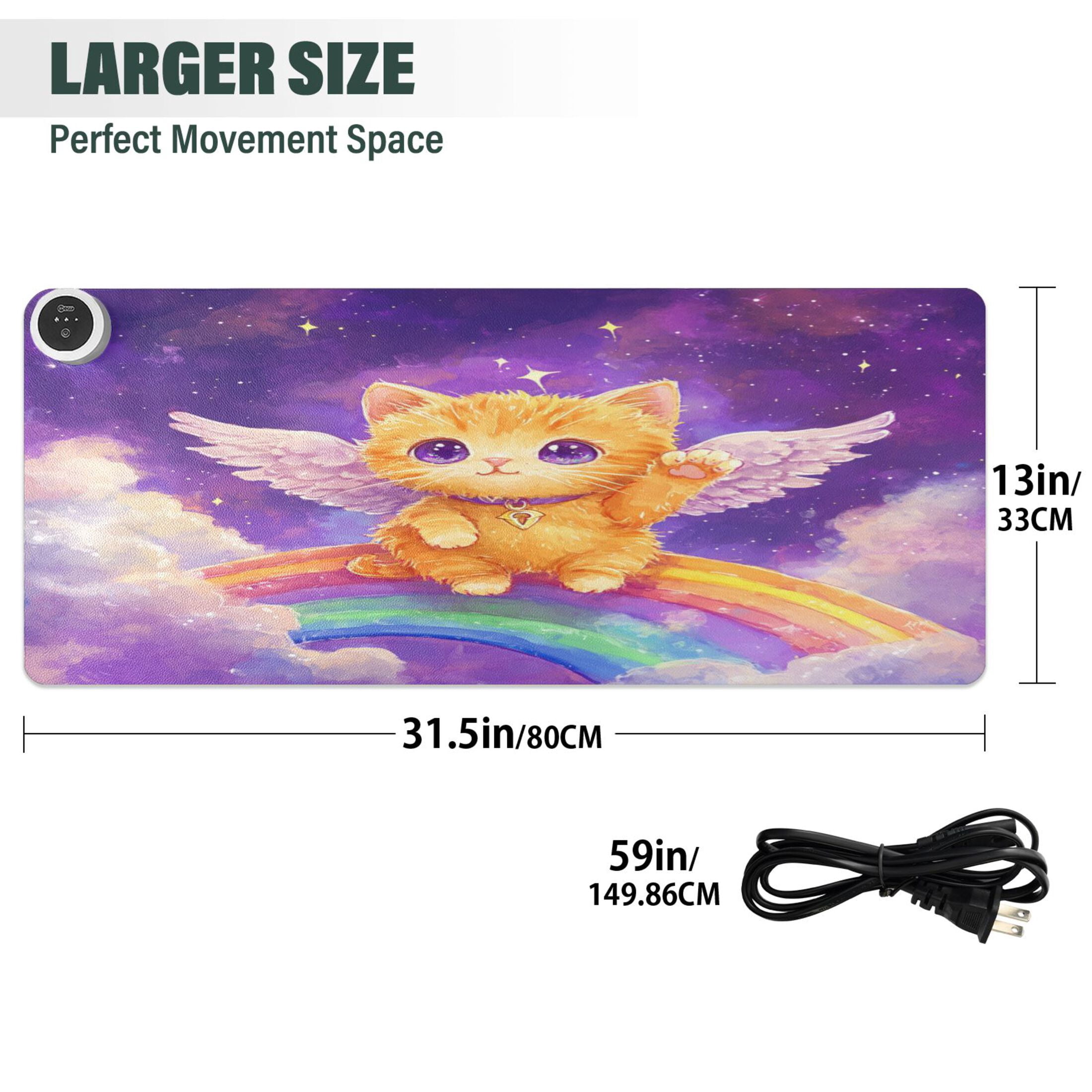 Wobogo Rainbow Angel Cat Heated Mouse Pad Extra-Large Desk Mat With 3 Heating Levels and 3-hour Auto Shut-Off Protection Ideal for Computer Keyboards Home Office Hand-warming Essential 31.5in × 13in