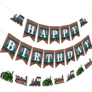 Kreatwow Train Banner Decorations Retro Train Happy Birthday Banner Train Birthday Garland Railroad Birthday Party Sign Transportation Vehicle Party Supplies for Boy's Birthday Baby Shower Party