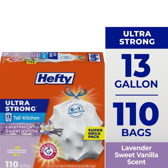 Hefty Ultra Strong 13 Gallon Trash Bags, Tall Kitchen Trash Bags, White, Lavender and Sweet Vanilla Scent, 110 Bags