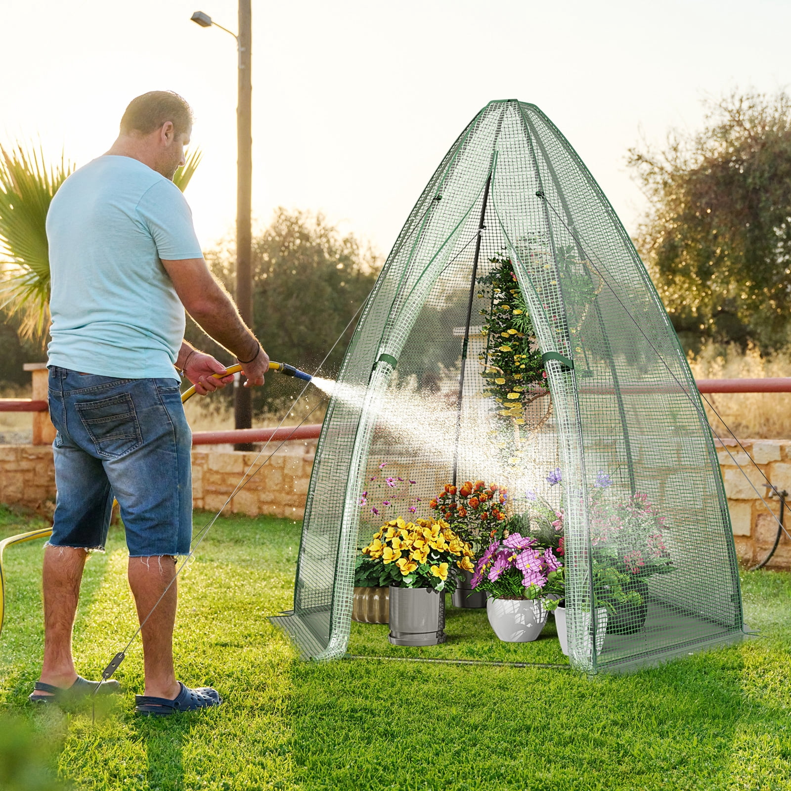 Patiojoy 63�� x 63�� x 72�� Walk-In Greenhouse with Roll-Up Window & Door Hexagonal Green House with Metal Frame & Waterproof PE Cover