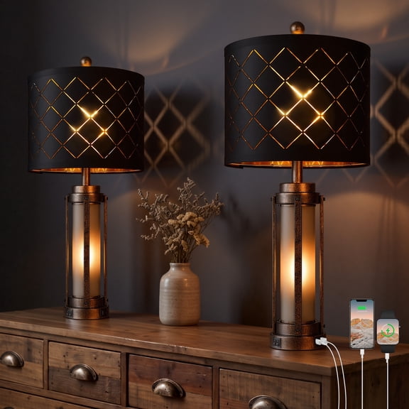 27in Modern Table Lamp Set of 2 with Nightlight Amber Bedroom lamp