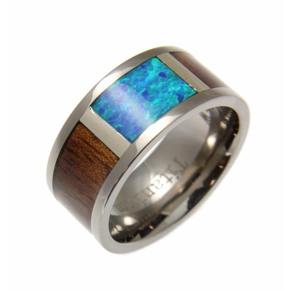 Genuine Hawaiian koa wood inlay synthetic opal band ring titanium comfort fit 10mm size 9