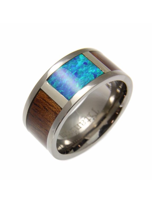Genuine Hawaiian koa wood inlay synthetic opal band ring titanium comfort fit 10mm size 11