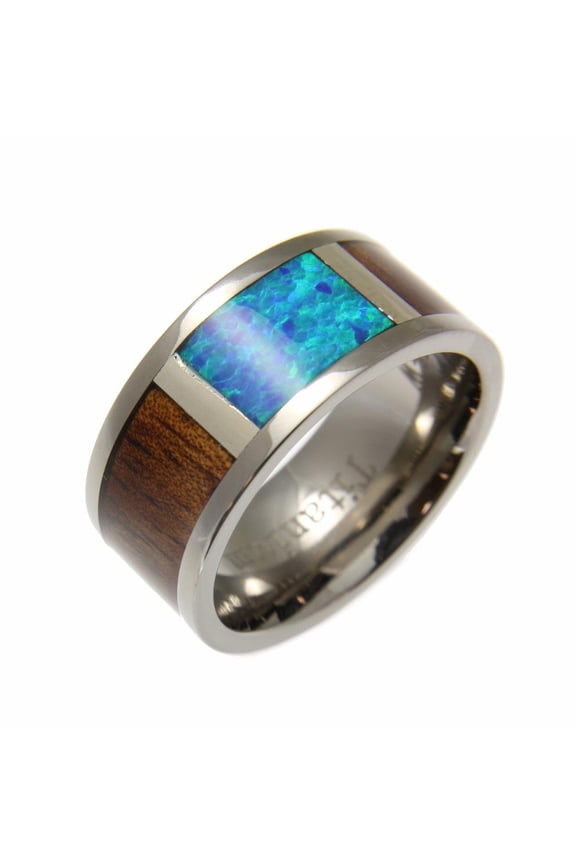 Genuine Hawaiian koa wood inlay synthetic opal band ring titanium comfort fit 10mm 6 to 14