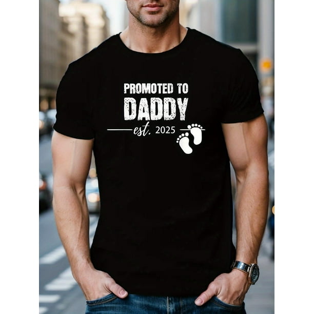 Men'S "Promoted to Daddy" 2025 Casual T-Shirt, 100% Cotton Crew Neck Short Sleeve Top, Geometric Pattern, Slight Stretch Knit Fabric, Regular Fit, Summer Wear - 220gsm
